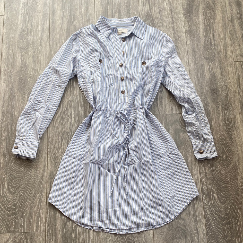 LOFT - Blue & White Striped Long Sleeve Mini Shirt Dress - Size XS